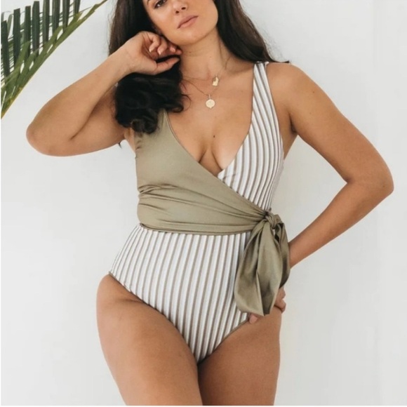 Baiia Mossman reversible wrap tie two piece swim suit AU 16/US 12 green stripe - Picture 1 of 8